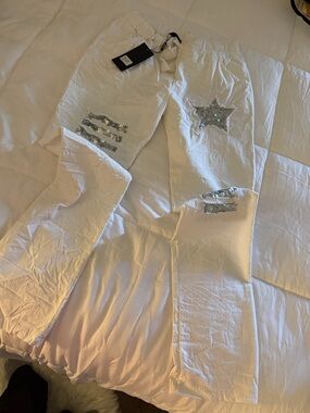 White Flare Jeans with Silver Sequin Star & Stripe Accents